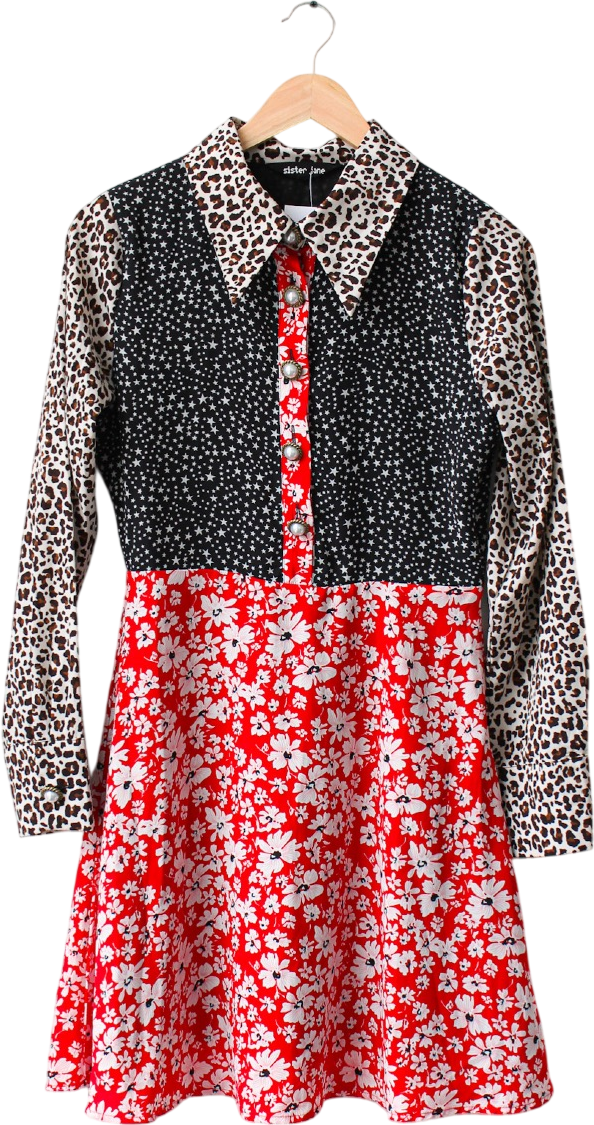 Sister Jane Red Long Sleeve Mixed Pattered Mini Dress UK S