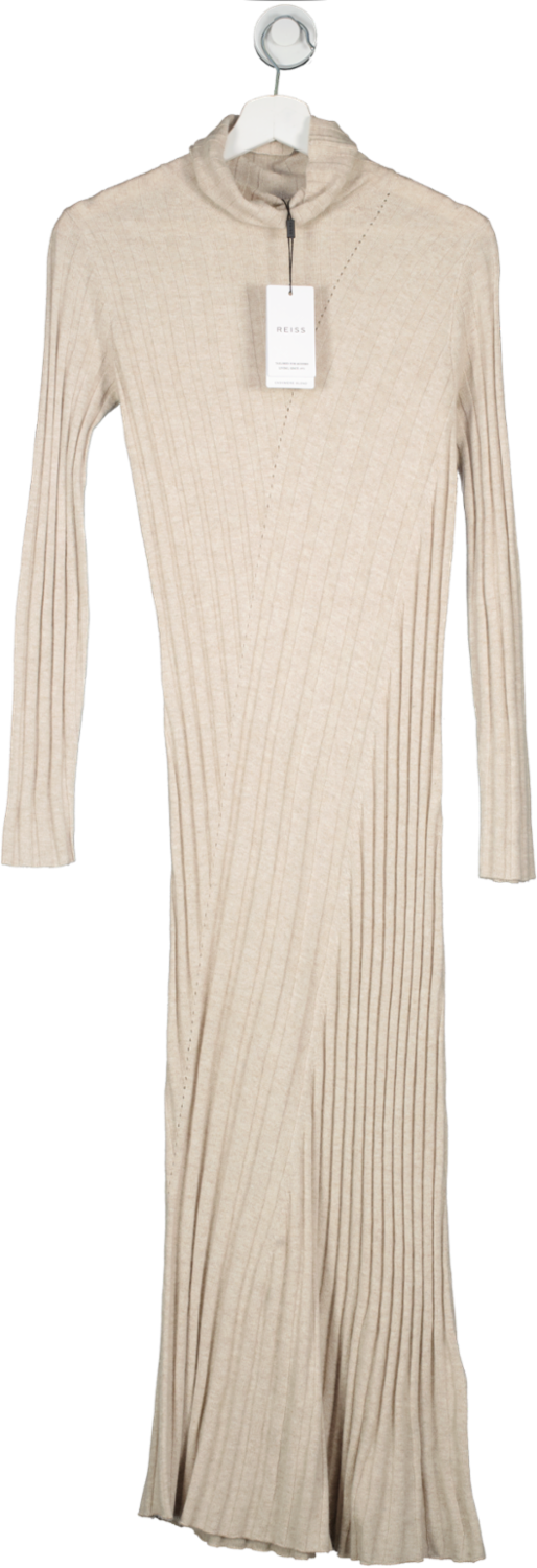REISS Beige Cashmere Blend Cady Fitted Knitted Midi Dress UK XS
