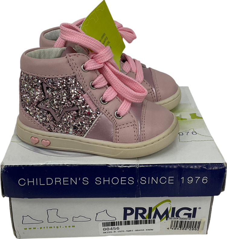 primigi Pink Soft Leather With Glitter Panel Lace With Side Zip Fastening UK 4 EU 20 👼