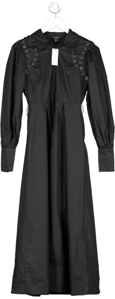 Karen Millen Black Cotton Eyelet Belted Long Sleeve Woven Maxi Dress UK 6