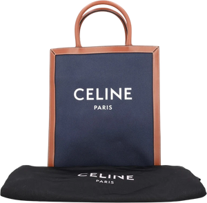 CELINE Blue Navy / Tan Brown Leather Vertical Cabas Tote Tote Bag With Crossbody Strap