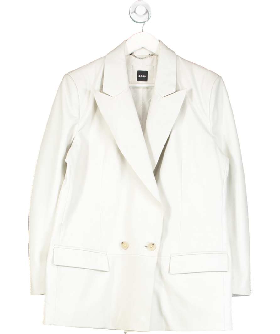 BOSS White Longline Double Breasted Jacket In Leather UK 8