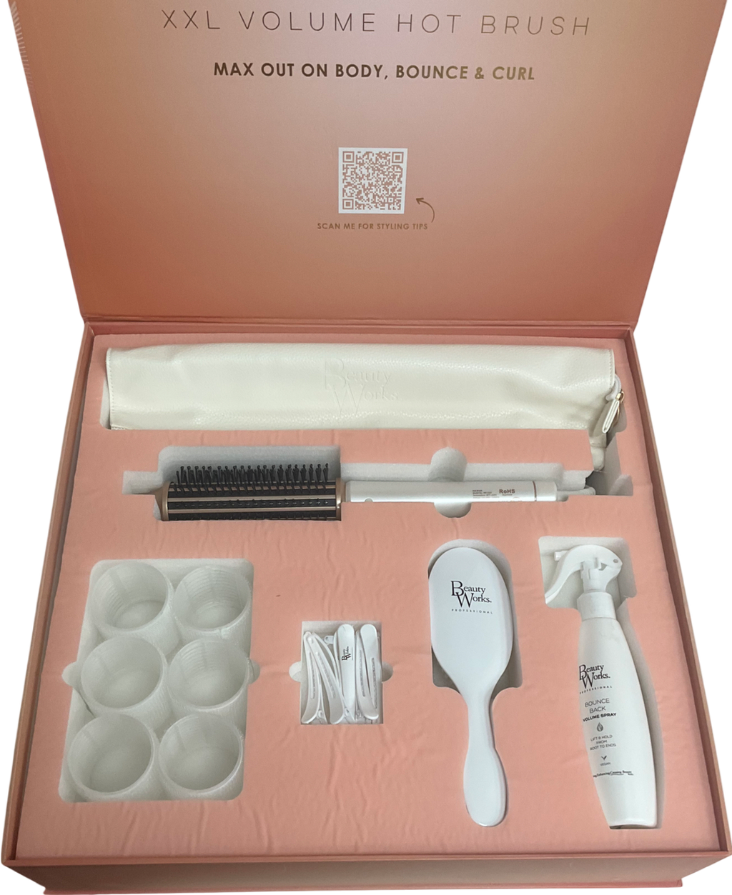 Beauty Works Xxl Volume Hot Brush, Bounce Back Volume Spray, White Vegan Brush, Rollers & Clips 200ml