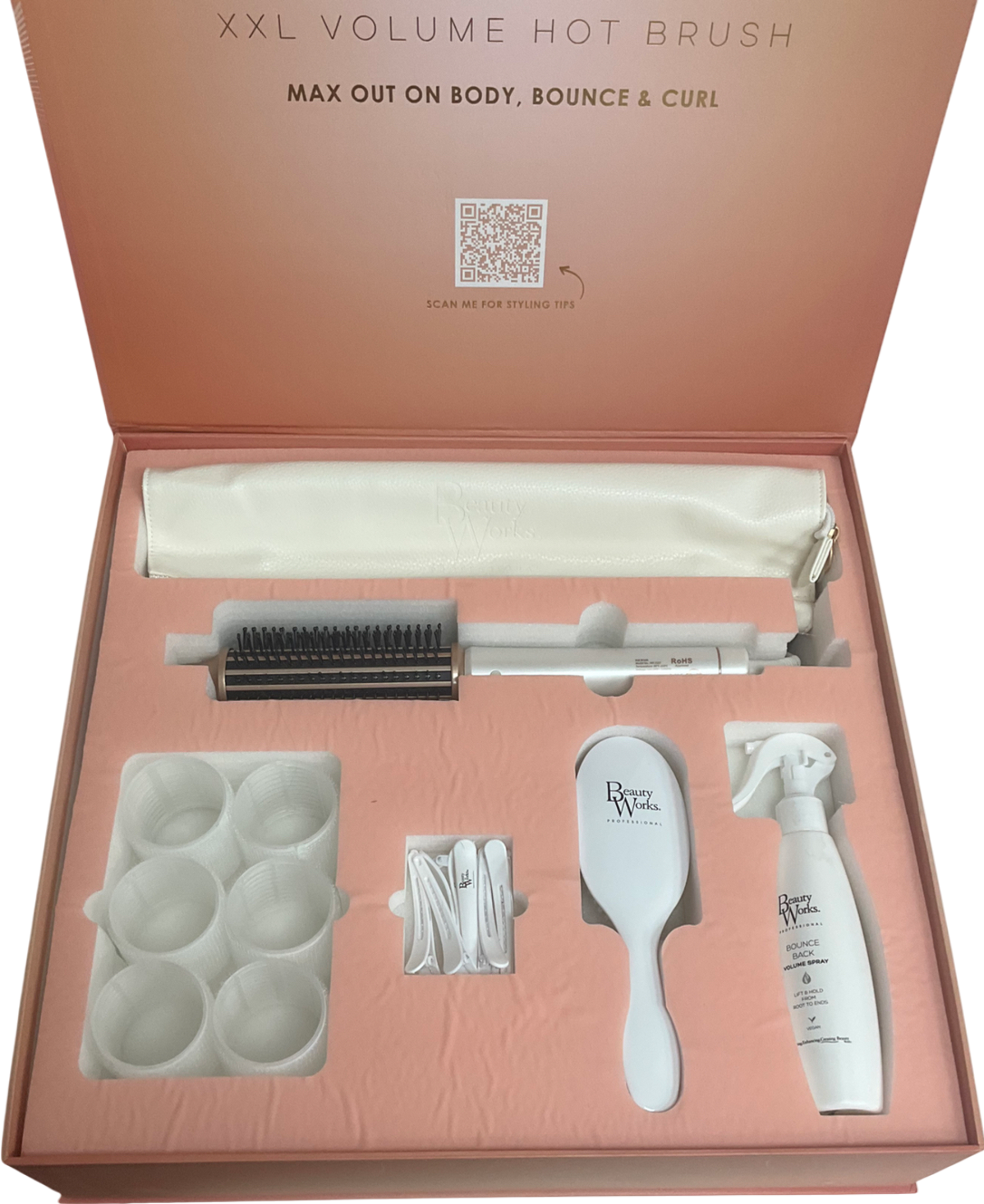 Beauty Works Xxl Volume Hot Brush, Bounce Back Volume Spray, White Vegan Brush, Rollers & Clips 200ml