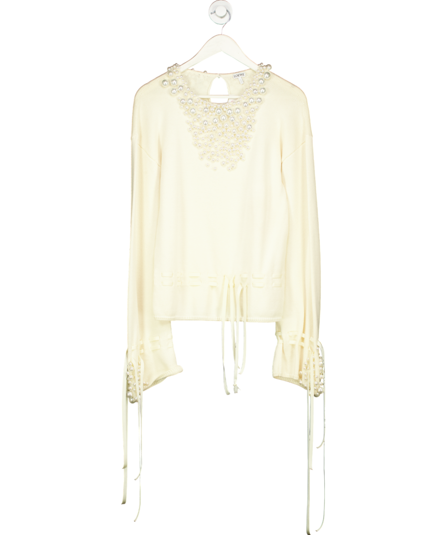 Loewe Cream Drawstring Faux Pearl-embellished Sweater UK S