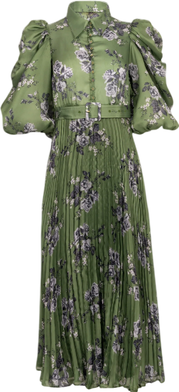 ByTIMO Green Puff Sleeve Plissé Maxi Dress In "Green Roses" UK XS