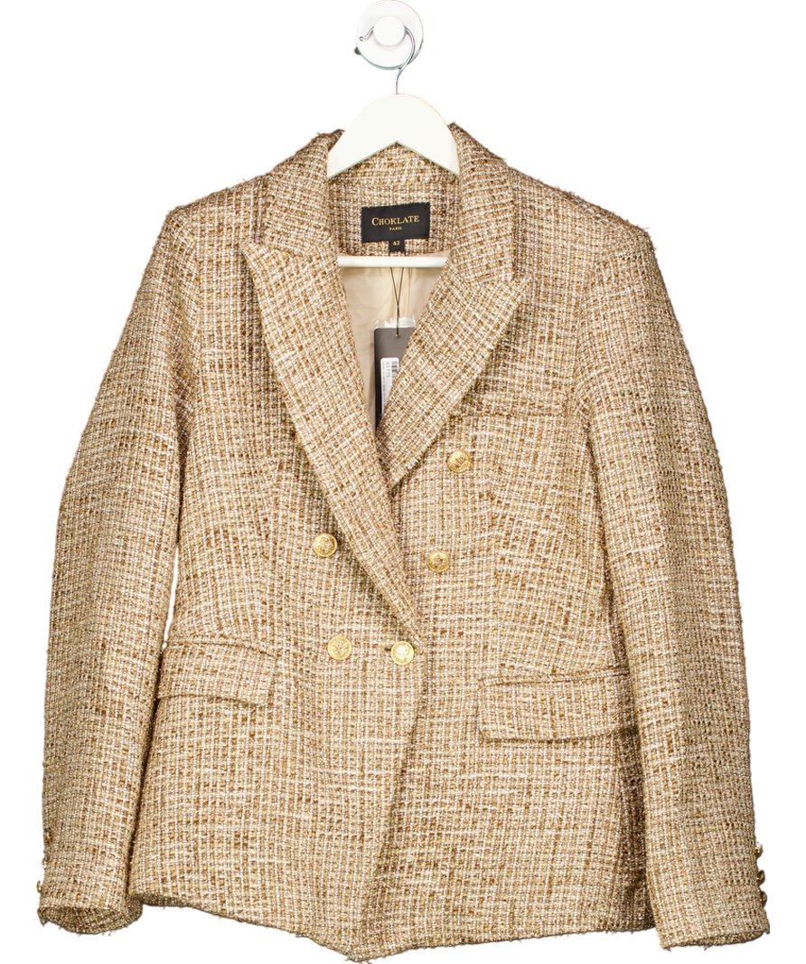 Choklate Paris Metallic Sequined Gold Tweed Double-breasted Blazer Jacket UK 14