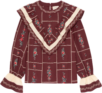 Sezane Red X Baziszt Burgundy  / Cream Embroidered Cotton-linen Long-sleeved Shirt Fr38 UK 10