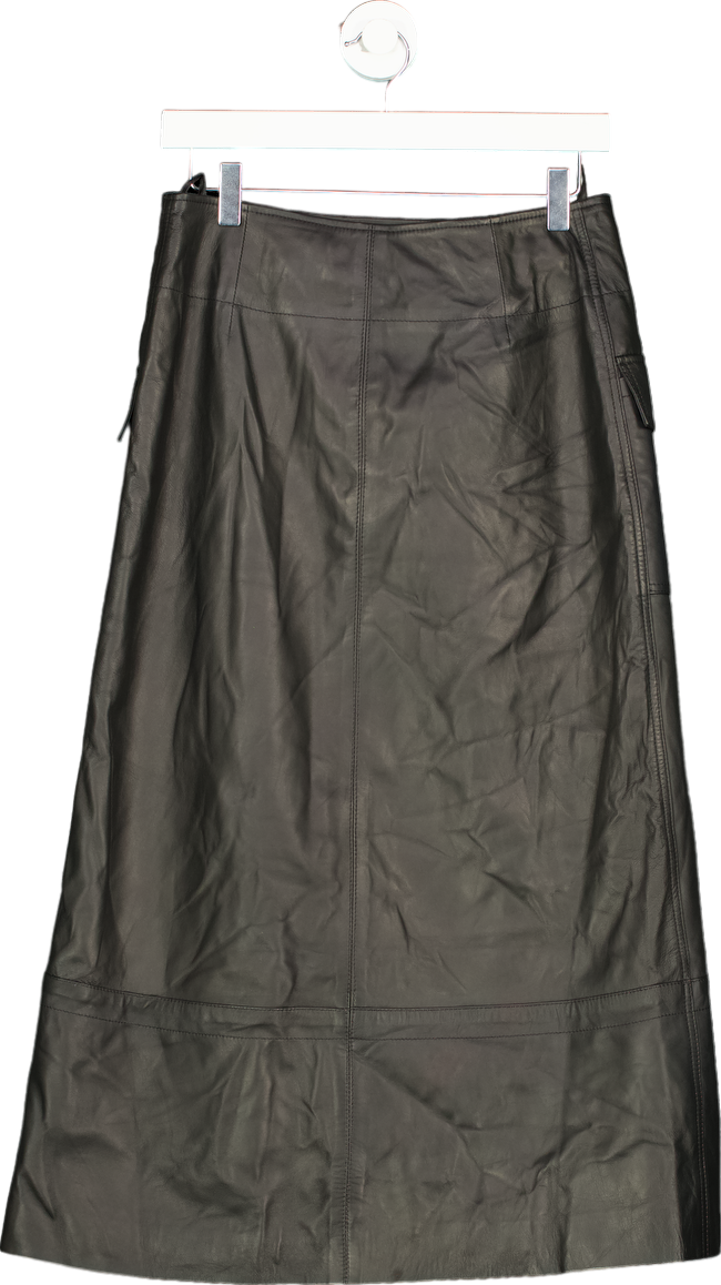 Karen Millen Black Leather Utility Pocket A-Line Zip Through Midi Skirt UK 10