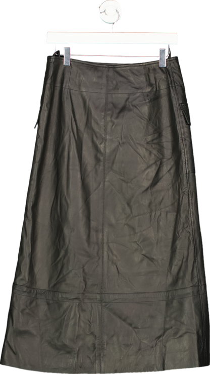 Karen Millen Black Leather Utility Pocket A-Line Zip Through Midi Skirt UK 10