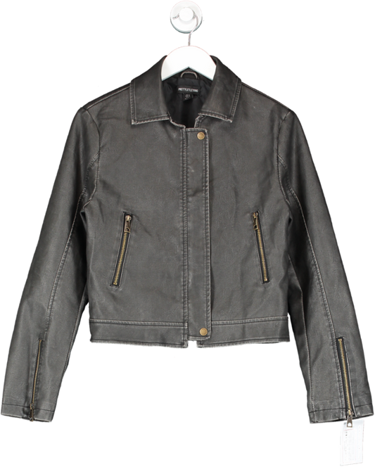 PrettyLittleThing Black Washed Faux Leather Jacket UK 10