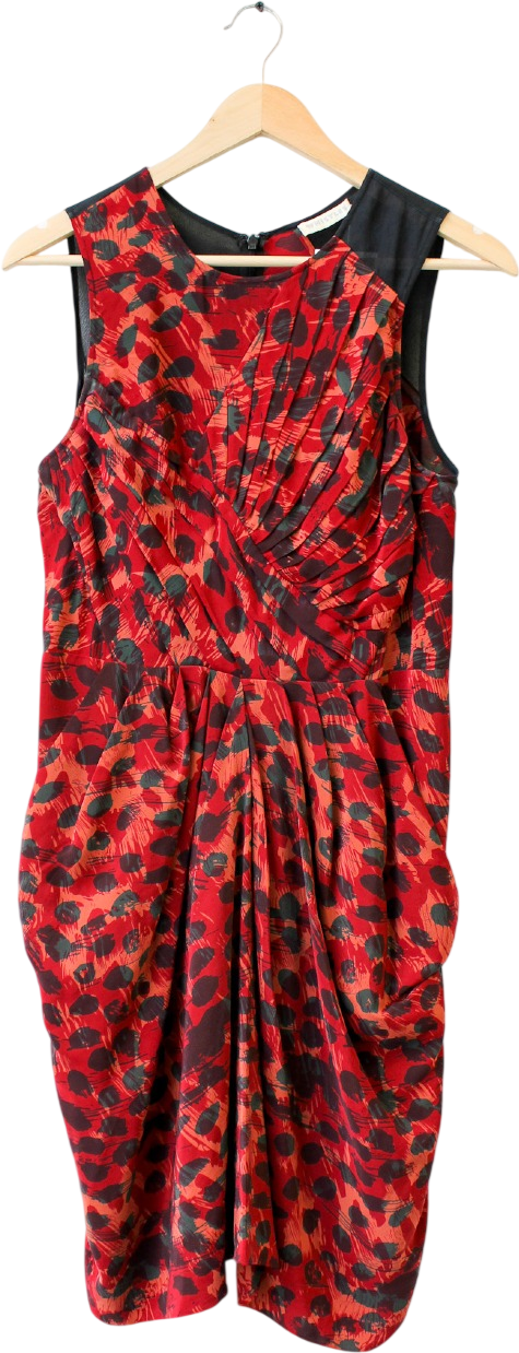 Whistles Burgundy Red 100% Silk Tulip Hem Print Dress UK 12