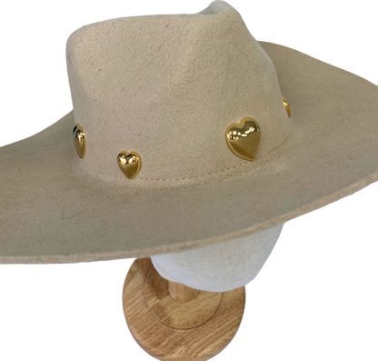 Raceu Hats Beige Heart Embellished Wool Felt Hat UK 7