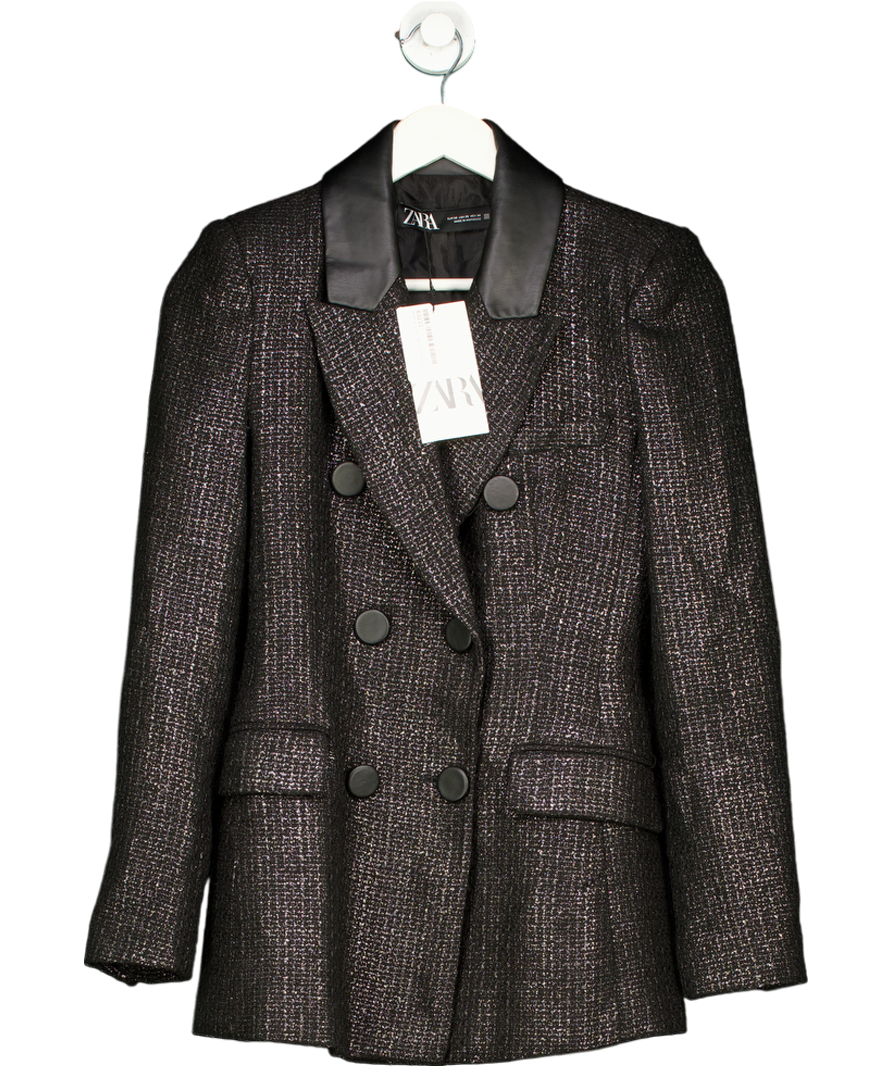 ZARA Black Double Breasted Blazer With Faux Leather Collar UK XS