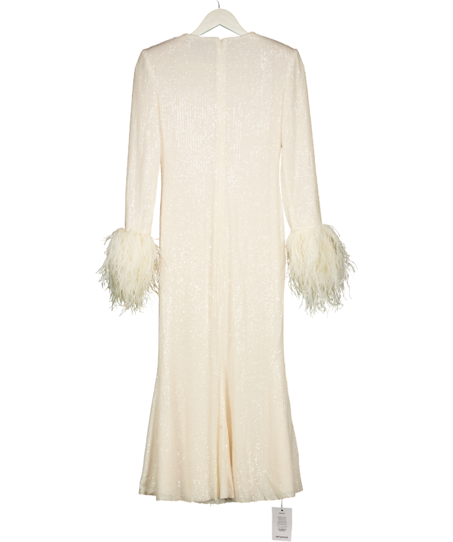 Self-Portrait Cream Sequin Feather Midi Dress UK 8