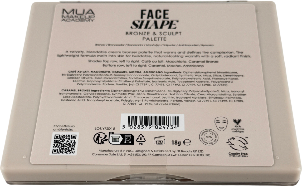 MUA Face Shape Palette, Bronze & Sculpt, 6 Cream Shades | Cream Contour & Bronzer Palette, Buildable & Blendable Formula With Vitamin E For Face, Eyes & Cheeks, Vegan & Cruelty Free 18g