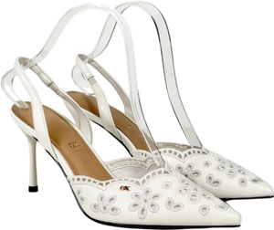 Charles & Keith White Leather Embroidered Pointed Slingback Pumps UK 4 EU 37