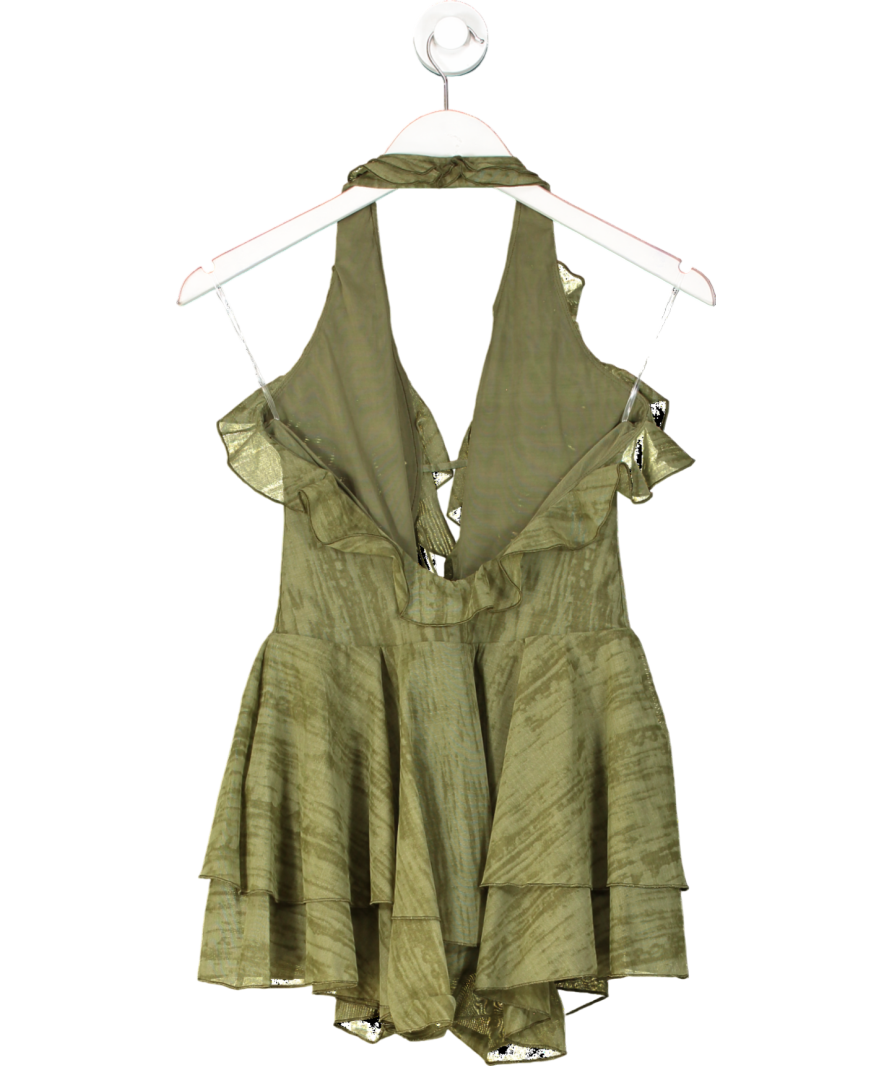 Oh Polly Morgaine Ruffled Plunge Halterneck Playsuit In Green Print UK S