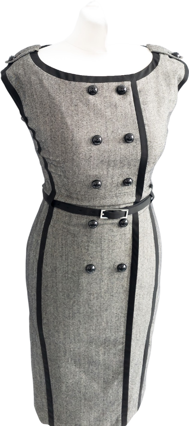 Karen Millen Grey Wool Blend Panelled Military Pencil Dress UK 8