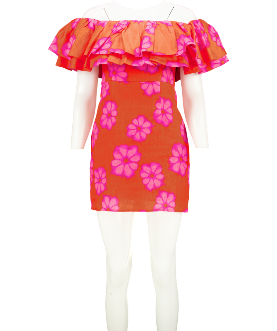 Rhode Resort Luxury floral Linen Ruffle mini  Dress UK 4