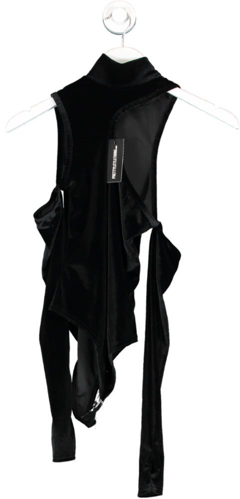 PrettyLittleThing Black Velvet High Neck Cut Out Bodysuit UK 8