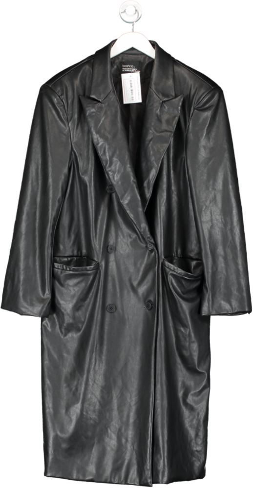 boohoo Black X Kourtney Kardashian Leather Look Trench Coat UK 14