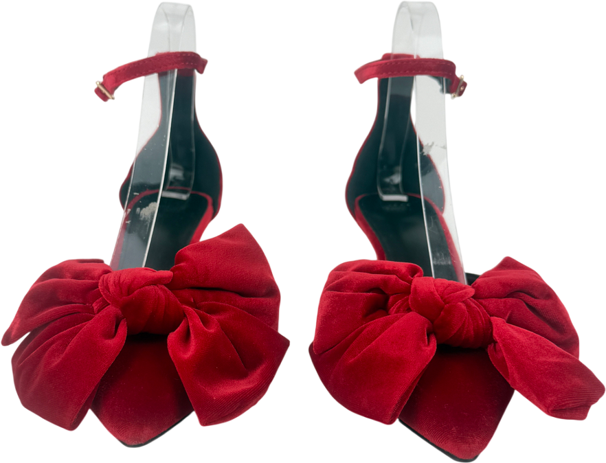 H&M Red Bow-detail Velour Court Shoes UK 4 EU 37 👠