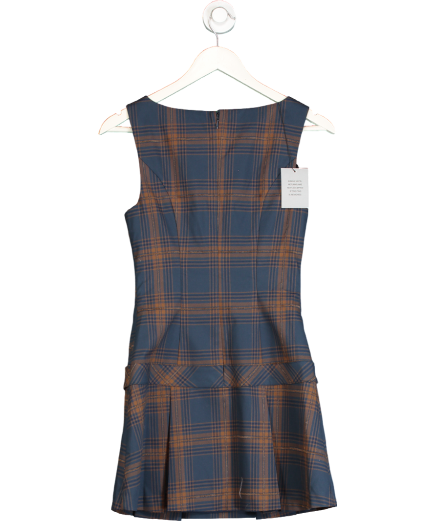 h:ours Blue Brown Check Pleated Mila Mini Dress UK XS