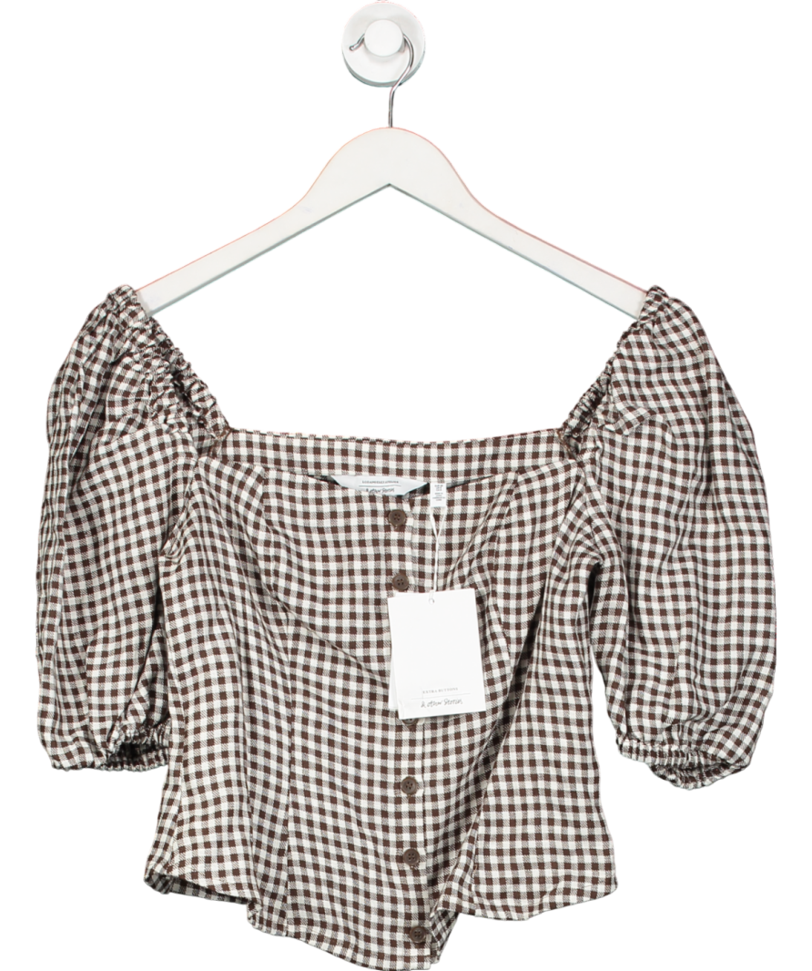 & Other Stories Brown Linen Puff Sleeve Gingham Top UK 10