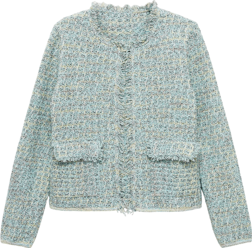 MANGO Blue Tweed Jacket With Frayed Ends UK M