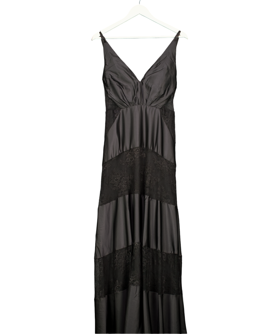 Layered With Love Black Satin V-neck Sleeveless Tiered Lace Maxi Dress UK M