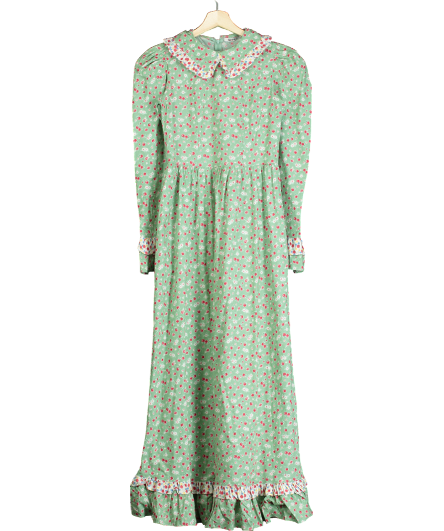 BATSHEVA Green Ruth Apple-blossom Print Cotton-poplin Dress UK XS