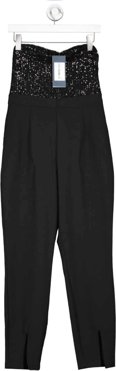 SOSANDAR Black Sequin Top Tapered Leg Split Hem Jumpsuit UK 10