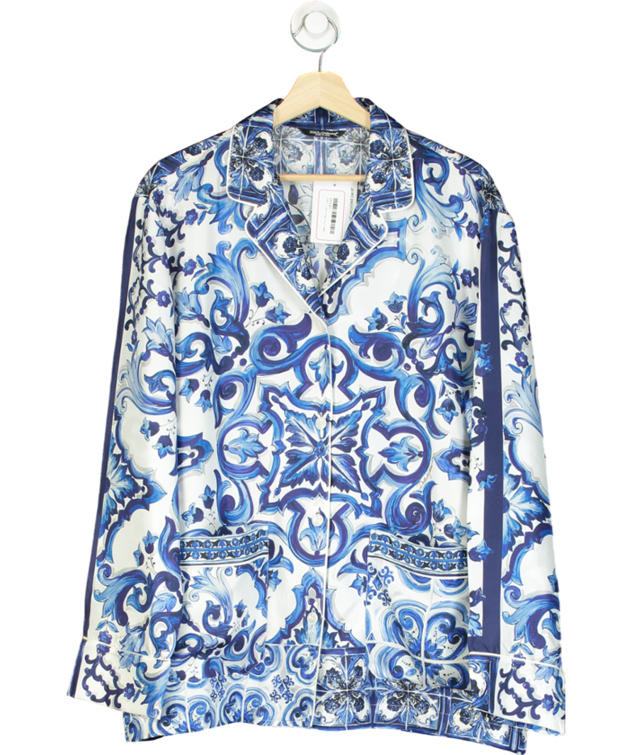 Dolce & Gabbana Blue Majorca Print Double Breasted Silk Shirt SZ 46 UK XL