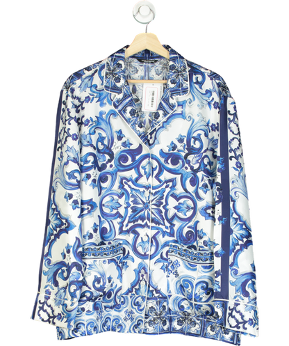 Dolce & Gabbana Blue Majorca Print Double Breasted Silk Shirt UK S