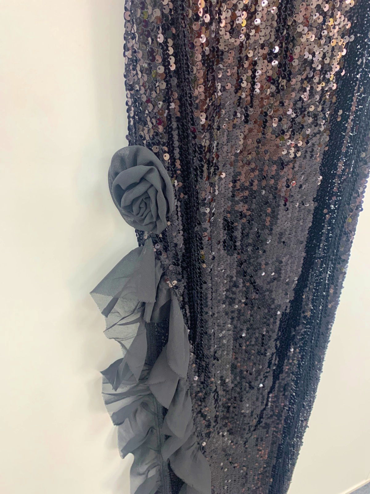 PrettyLittleThing Black Sheer Sequin Rose Detail Ruffle Trim Split Leg Maxi UK 8