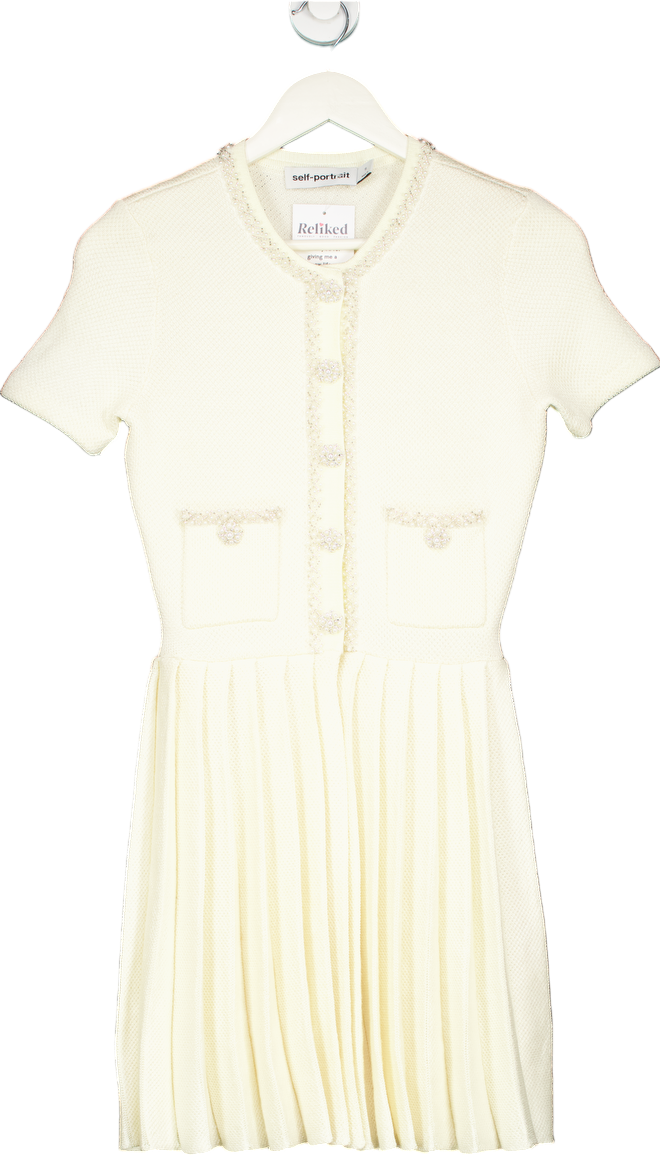 Self-Portrait Cream Short Sleeve Pleated Dress S