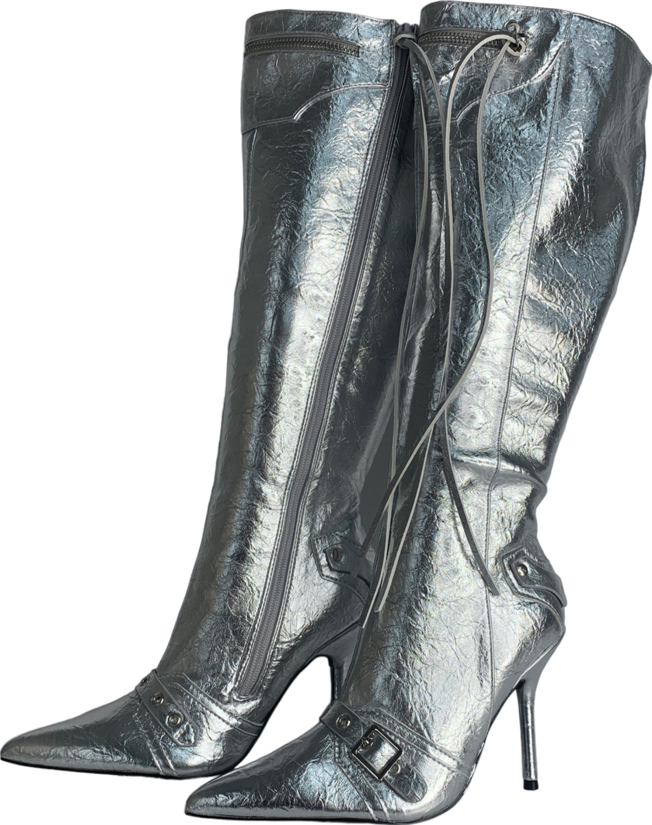 SHEIN Metallic Glamorous Classic Zipper Silver Boots For Women, Point Toe Stiletto Heeled Boots UK 7 EU 40 👠