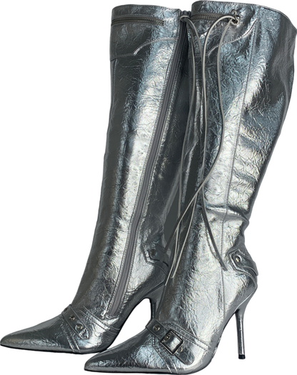 SHEIN Metallic Glamorous Classic Zipper Silver Boots For Women, Point Toe Stiletto Heeled Boots UK 7 EU 40 👠