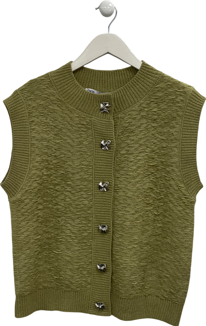 ZARA Green Oversized Textured Sleeveless Top With Button Detail UK XS