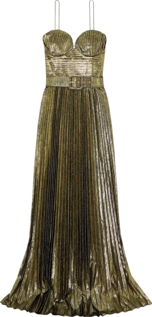 Rebecca Vallance Metallic Josie Gold Pleated Gown Maxi Dress UK 8