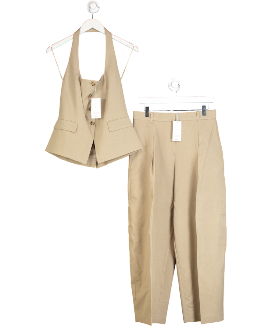 MANGO Cream Cotton Mix Tailored Halter Waistcoat Co-ord In Stone And Trouser UK M
