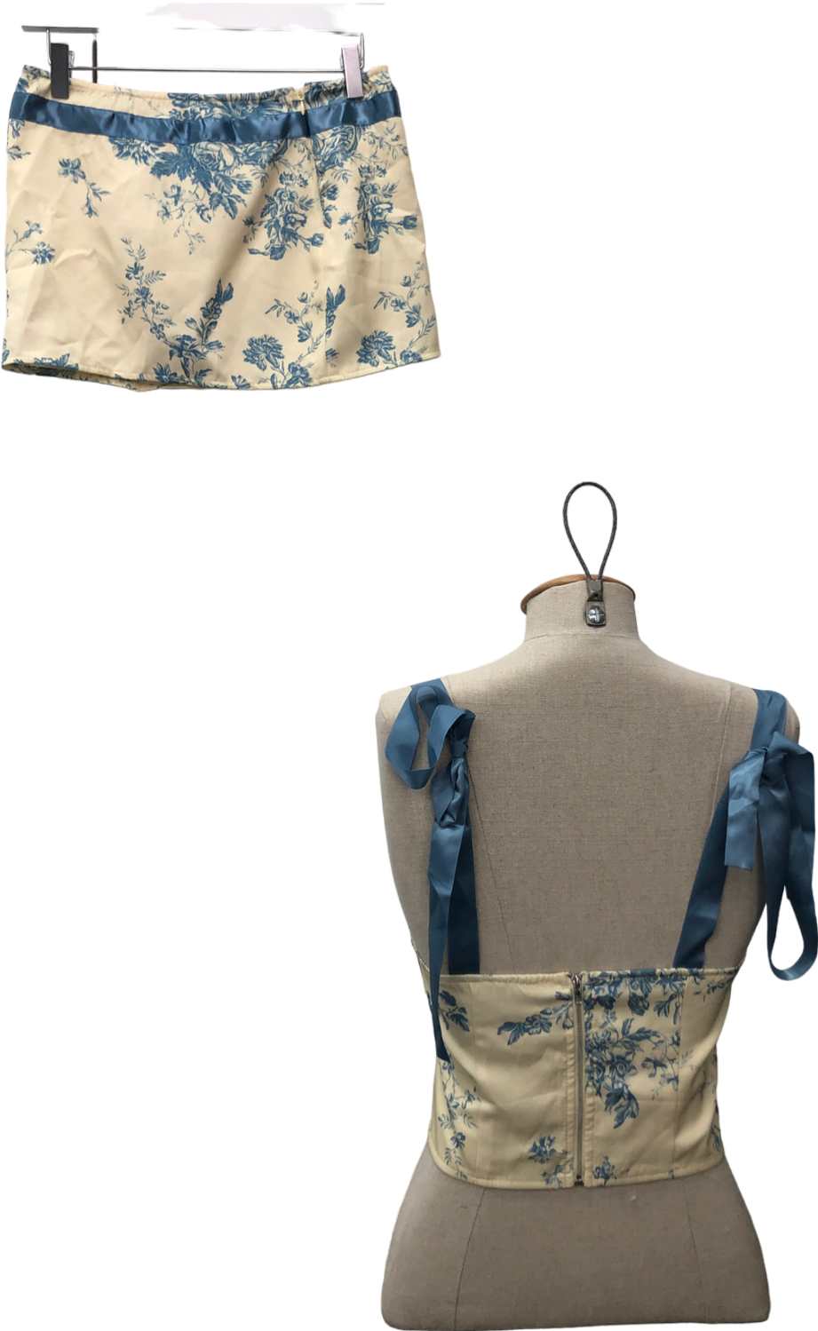 PrettyLittleThing Yellow Lemon Floral Woven Bow Detail Low Rise Micro Mini Skirt And Bow Strap Corset UK 6