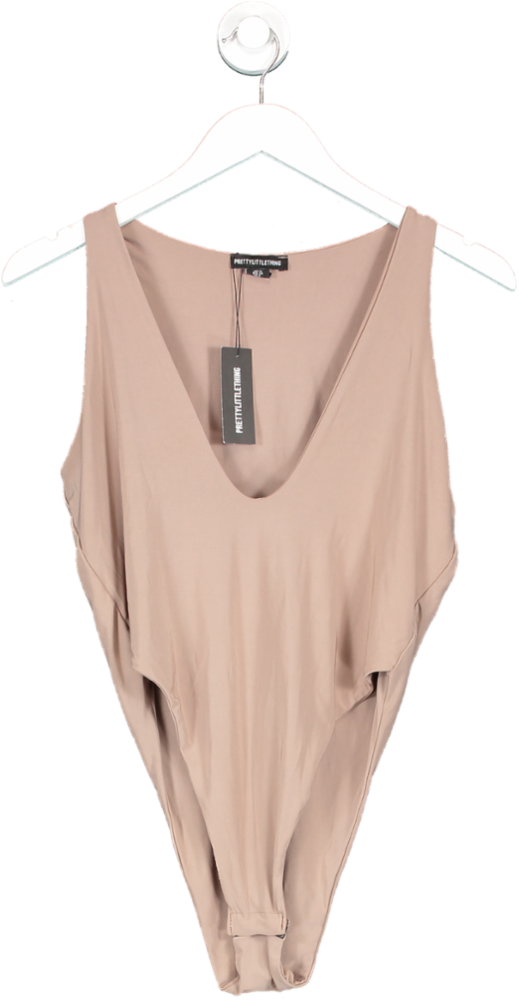 PrettyLittleThing Brown Slinky Plunge Bodysuit In Light Taupe UK 12