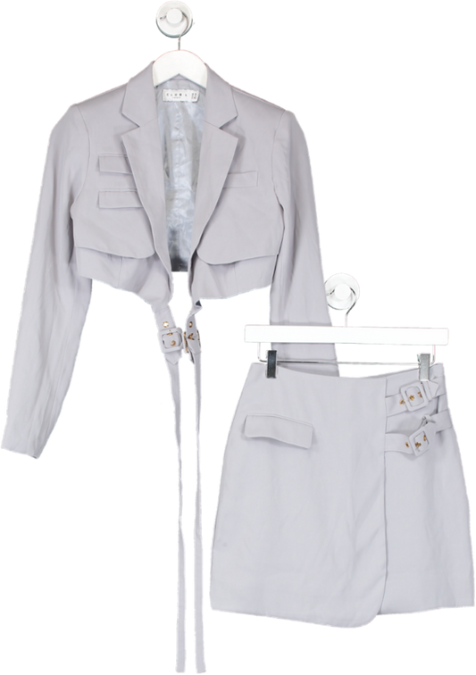 Club L Jet Set Strap Detail Cropped Blazer And Mini Skirt In Dove Grey UK 8