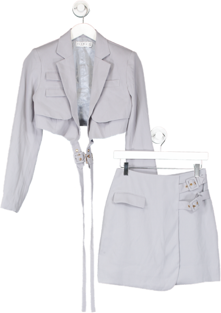 Club L Jet Set Strap Detail Cropped Blazer And Mini Skirt In Dove Grey UK 8