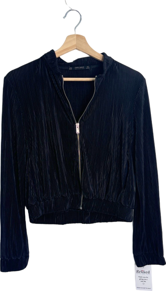 Zara Black Pleated Zip-Up Long Sleeve Top Medium