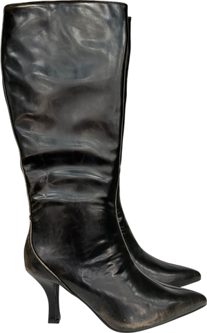 Public Desire Kitten Heel Straight Leg Knee Boots In Brown Distressed Pu UK 7 EU 40