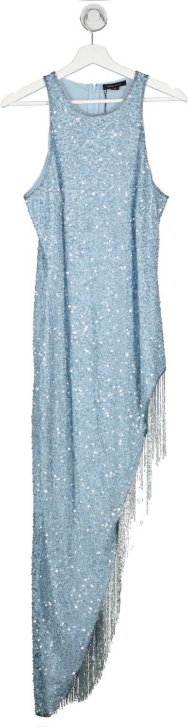Karen Millen Blue Asymmetric Hem Fringe Hater Midi Dress UK 16