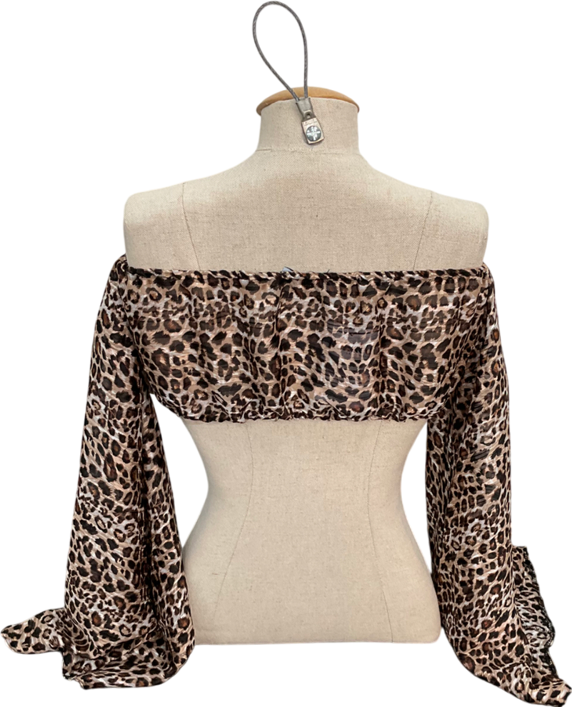 Lola Rae Brown Kyma Leopard Print Flared Sleeved Off The Shoulder Top UK S/M